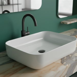 White rectangular ceramic basin on a gray concrete floor
