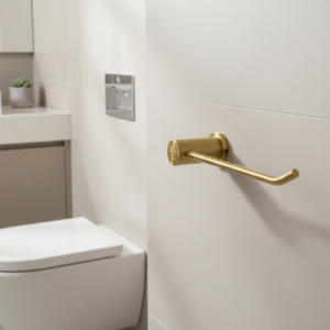Gold-colored towel hook on a white background