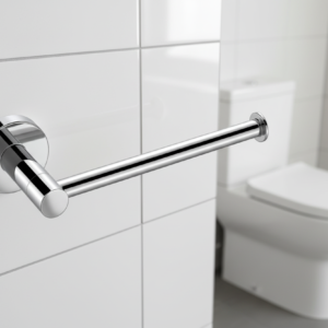 Chrome toilet paper holder on a white background