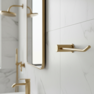 Gold-colored metal towel holder on a white background