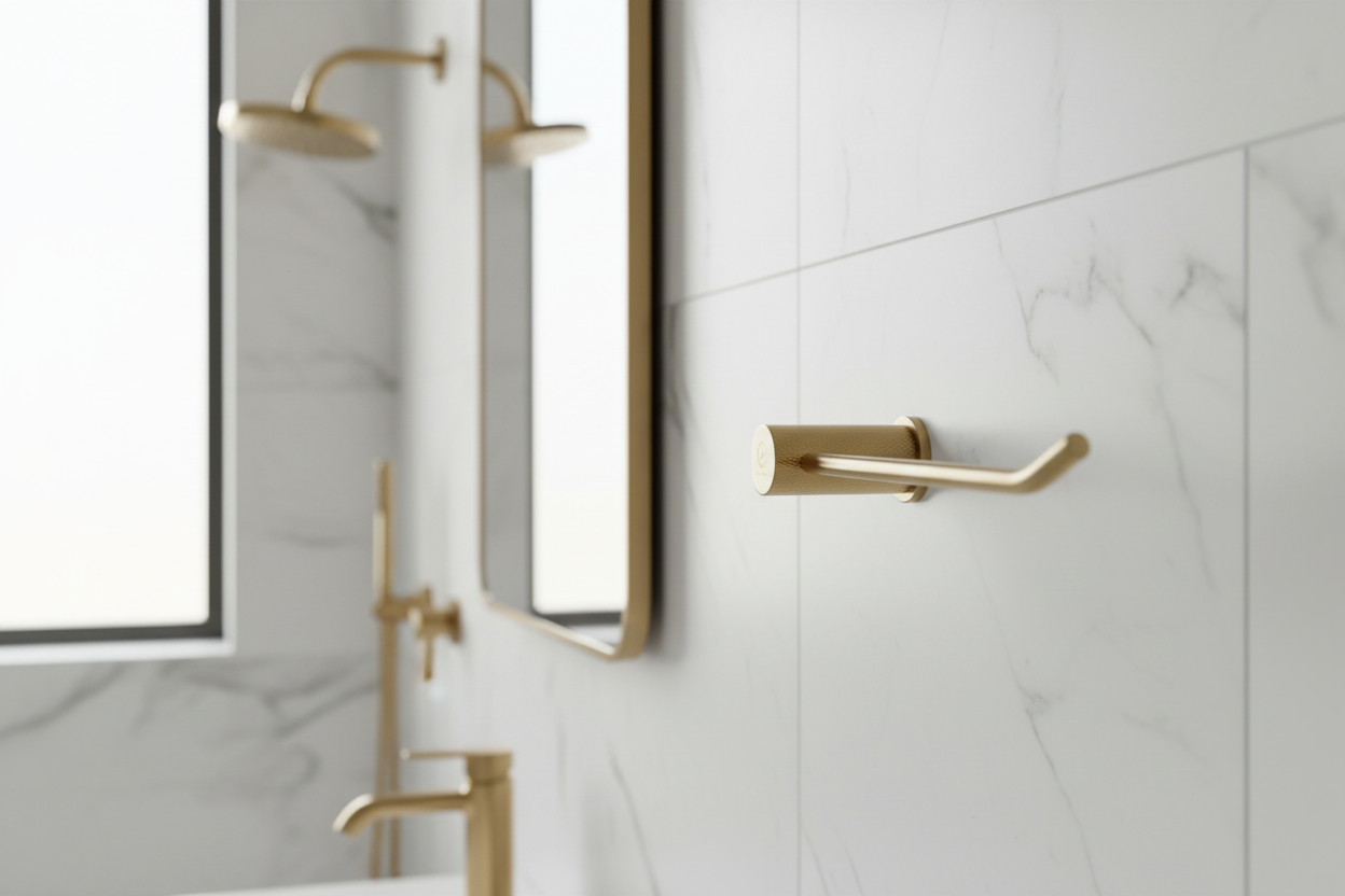 Gold-colored metal towel holder on a white background