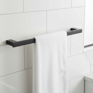 Black metal towel bar on a white background