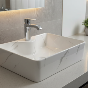White marble-patterned rectangular sink on a gray surface