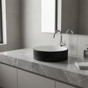 Modern bathroom vanity with a black round sink and silver faucet.