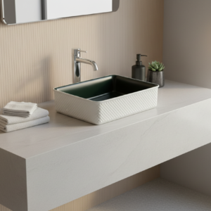 Rectangular black kitchen sink with white textured base on a white background