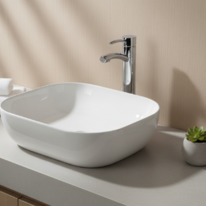 White ceramic sink with chrome faucet on a white background