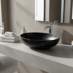 Black marble sink basin on a white background
